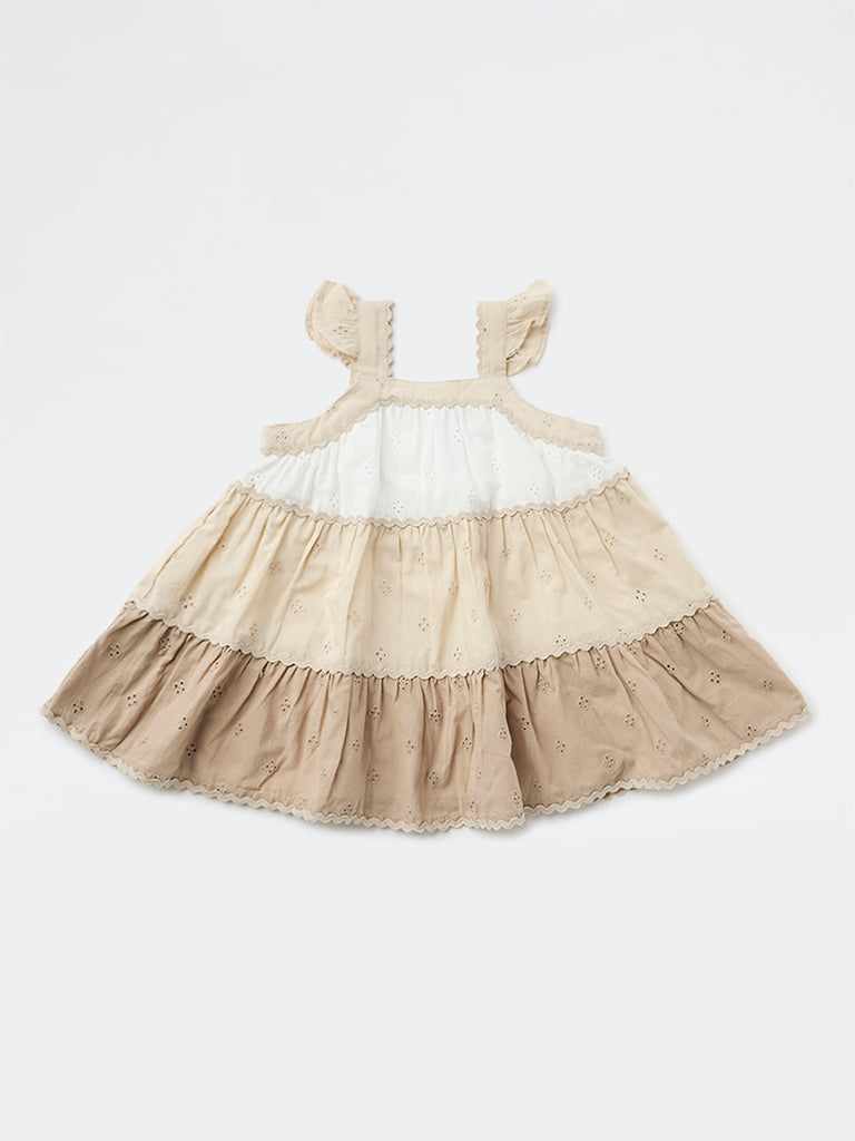 HOP Baby Girls White Color Block Cotton Dress