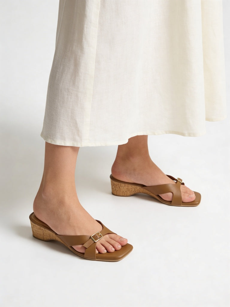 LUNA BLU Tan Buckle-Strap Wedge Sandals