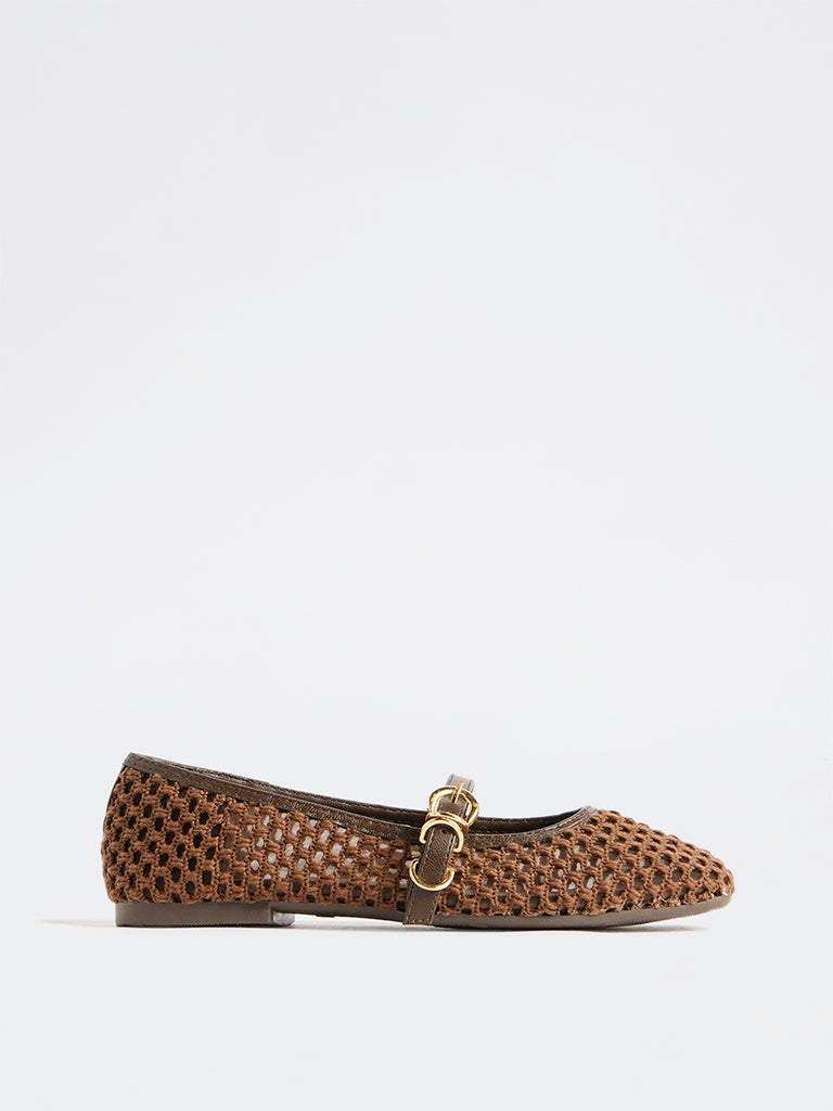 LUNA BLU Brown Crochet-Textured Mary Jane Shoes