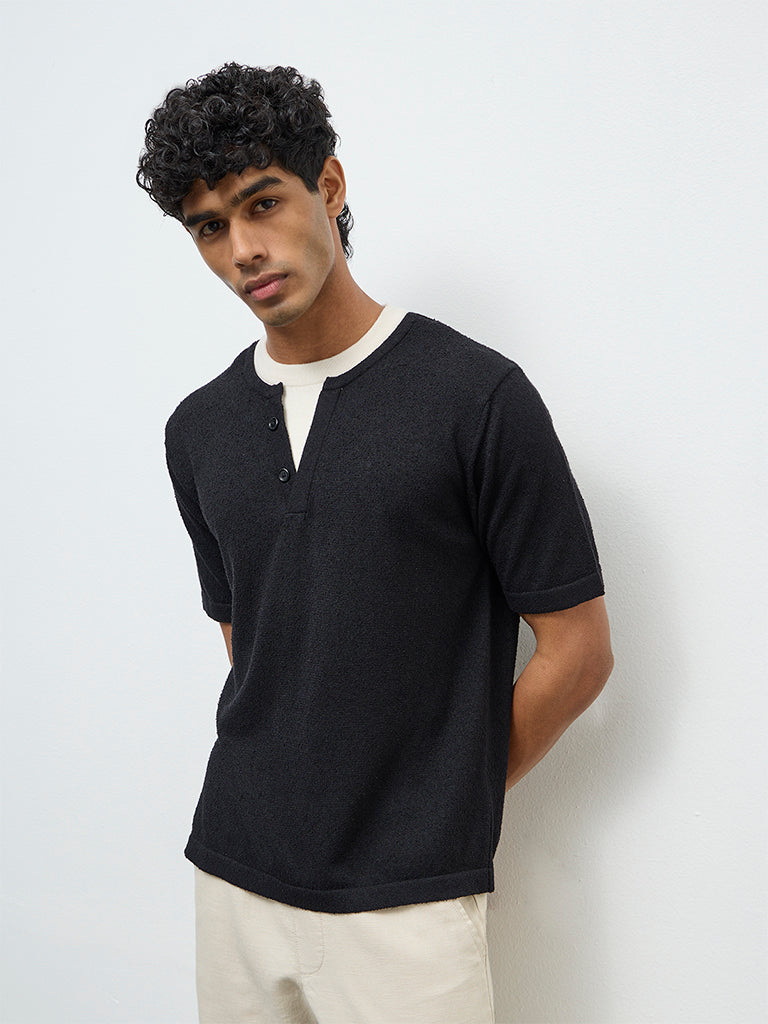 ETA Black Textured Relaxed-Fit T-Shirt
