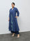 Diza Indigo Floral Embroidered Cotton A-Line Kurta