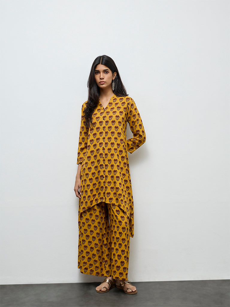 Utsa Mustard Floral Printed A-Line Kurta