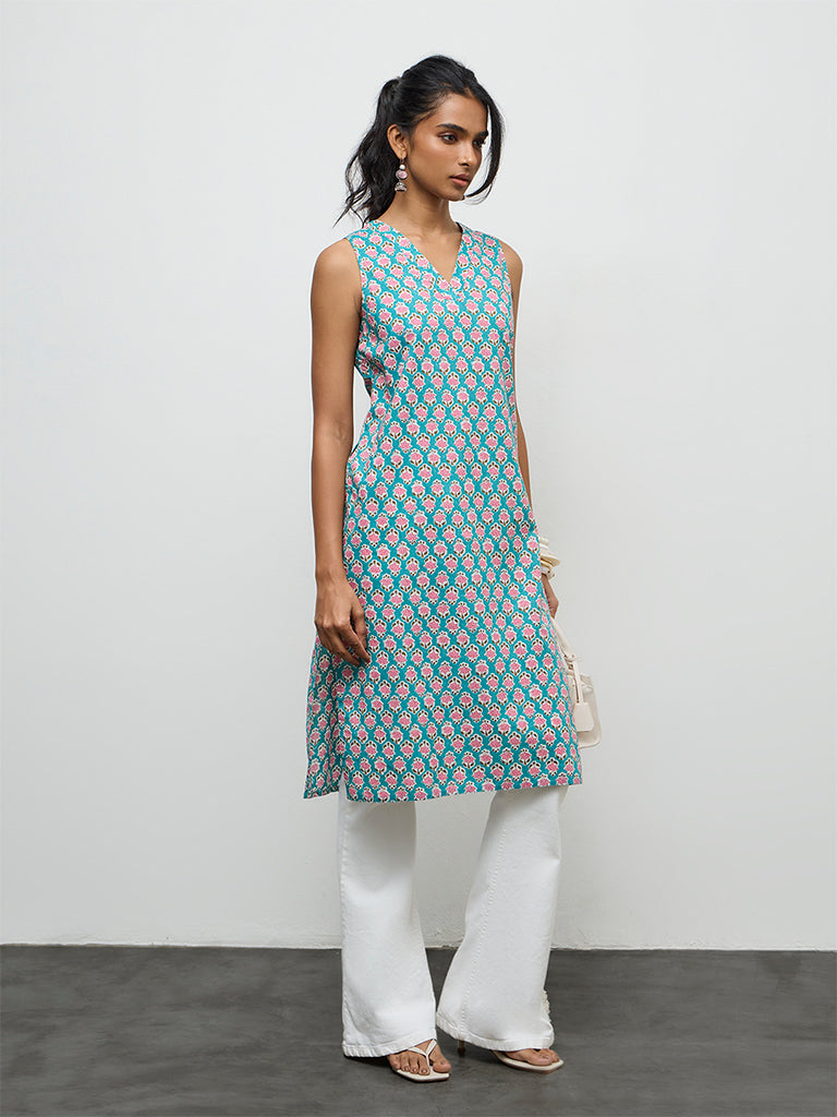 Utsa Blue Floral Pattern Cotton A-Line Kurta