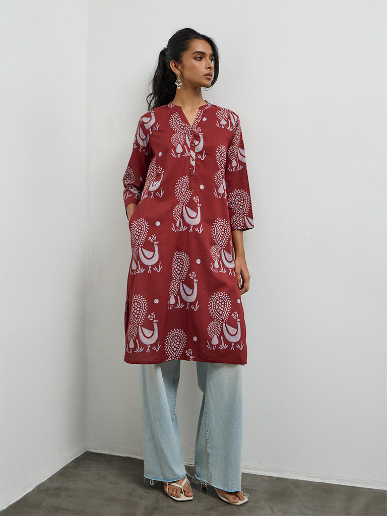 Utsa Maroon Peacock Printed Cotton Straight Kurta