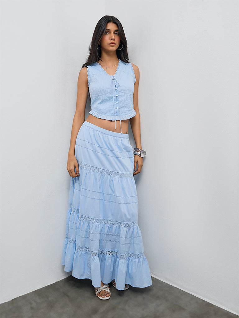 LOV Blue Embroidered Cotton Crop Top