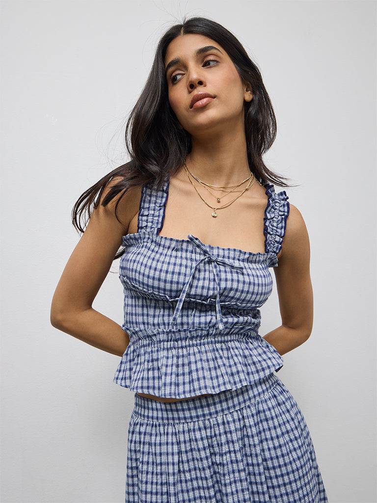 LOV Navy Checkered Cotton-Blend Top