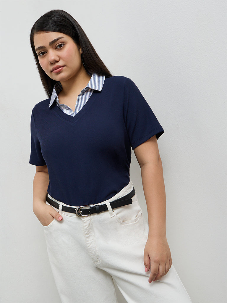 Gia Navy Collared Top
