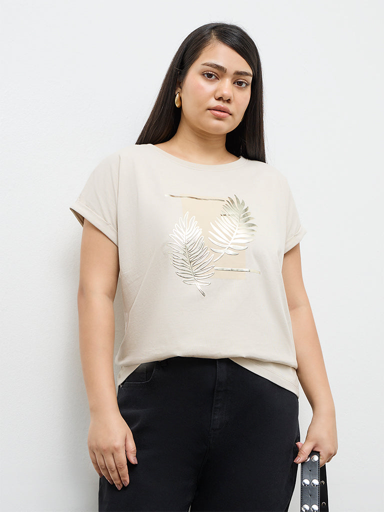 Gia Beige Botanical Printed Cotton T-Shirt