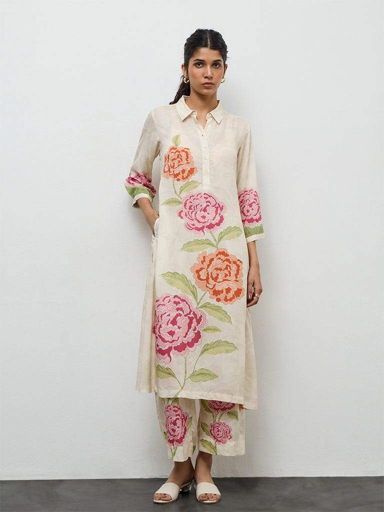 Utsa Off-White Floral Design A-Line Kurta