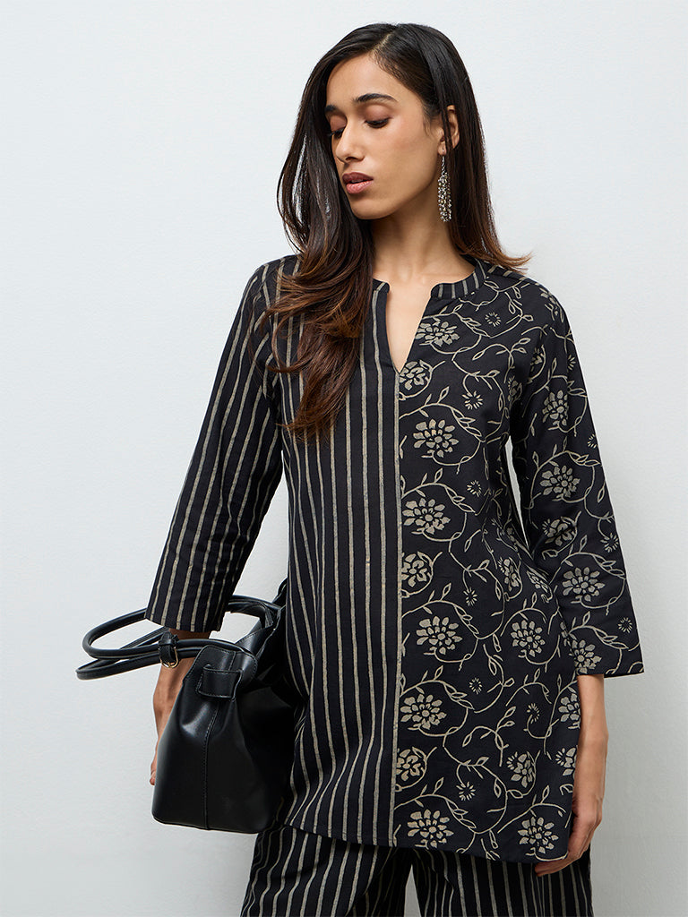 Utsa Black Printed High-Low Cotton-Blend Tunic