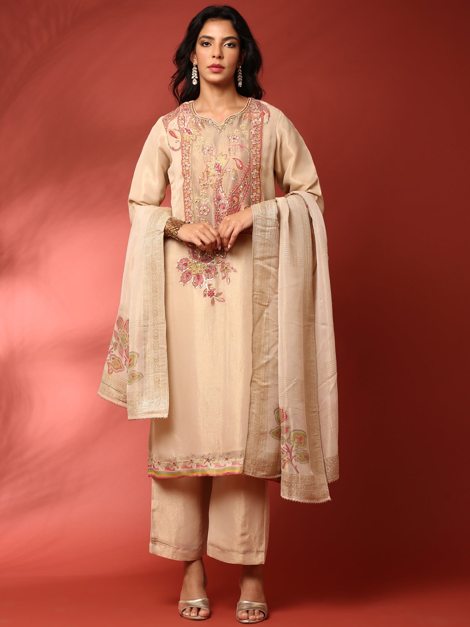 Gold Beige Tissue Aplique work three piece suit set
