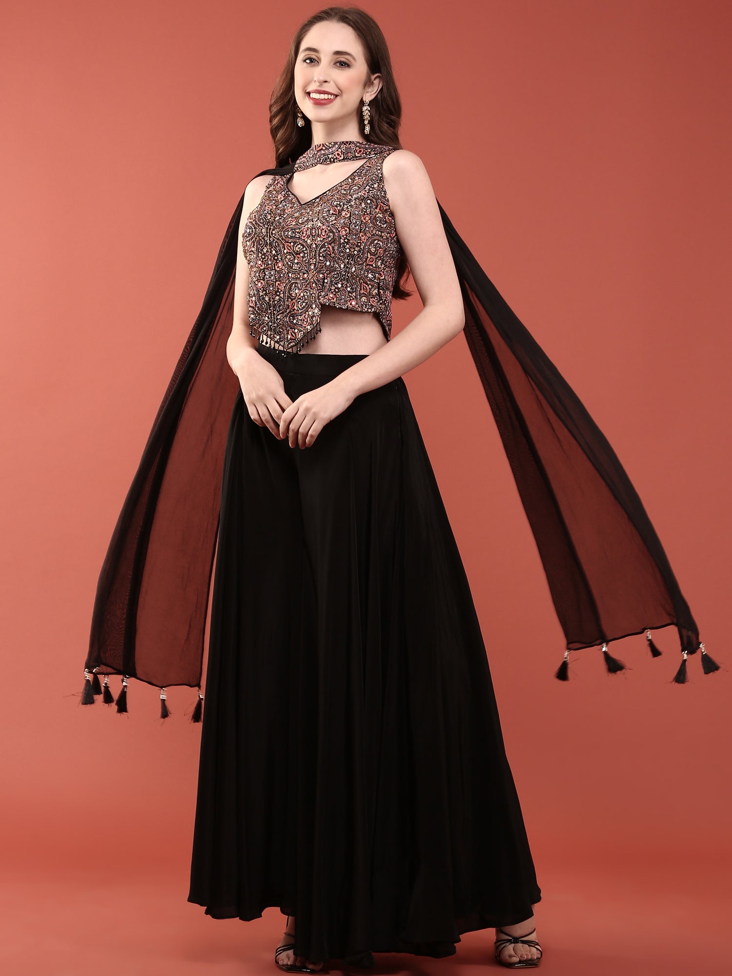 Black Silk Heavy Embroidery Crop Top With Palazzo