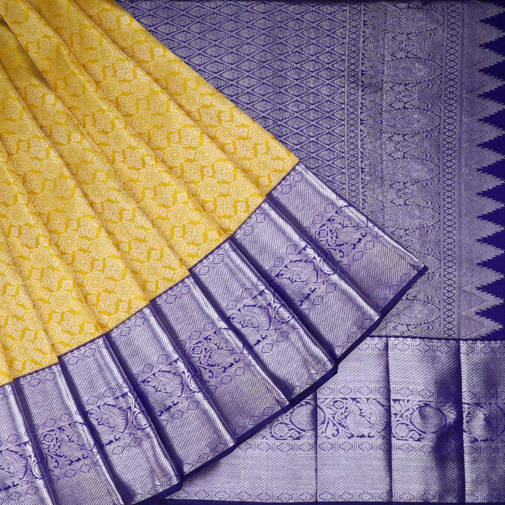 Cyber Yellow Kanjivaram Silk Saree With Floral Pattern