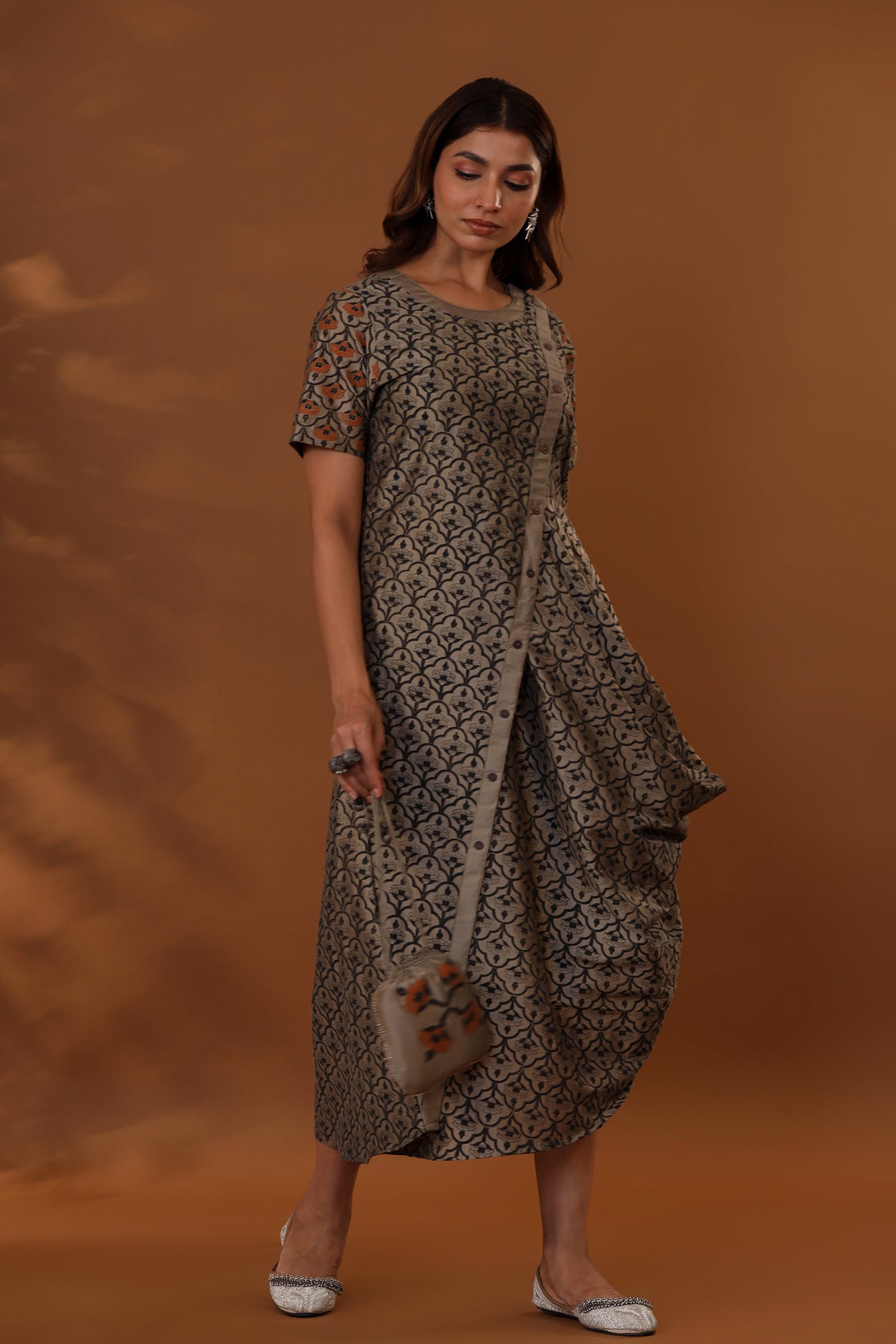Brown Handcrafted One Side Drape Cotton Silk Chola Dress