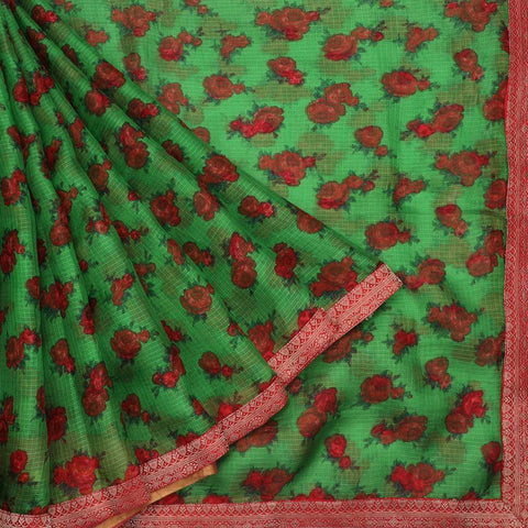 Vibrant Green Printed Silk Kota Saree With Embroidery
