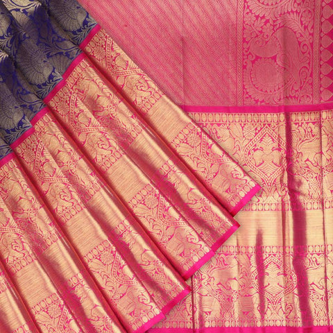 Violet Kanjivaram Silk Saree With Floral Motif Pattern