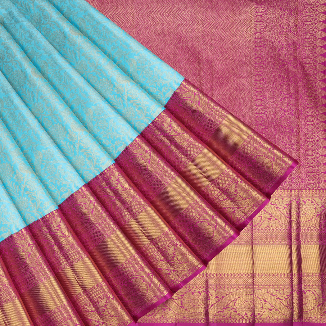 Bright Blue Kanjivaram Silk Saree With Floral Pattern