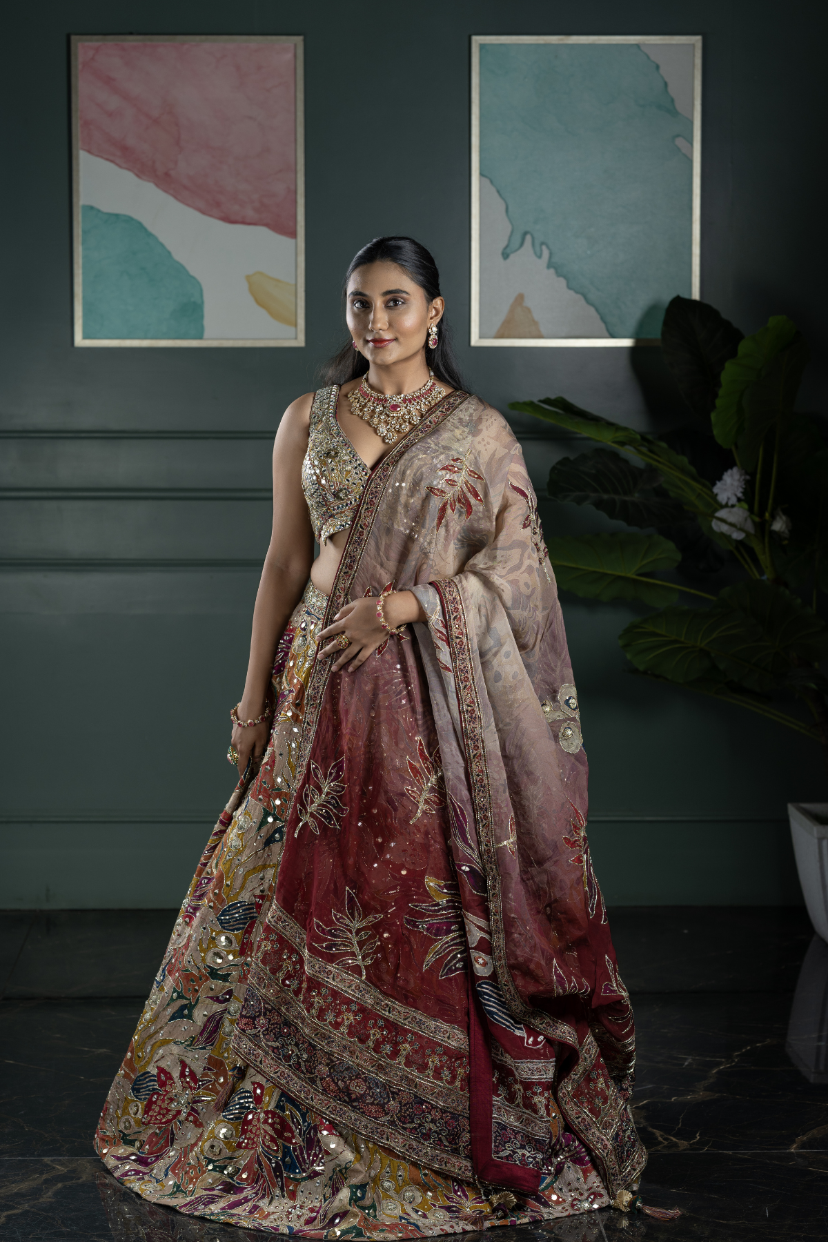 Silk Lehenga with multi color work and stitched mirror work on blouse