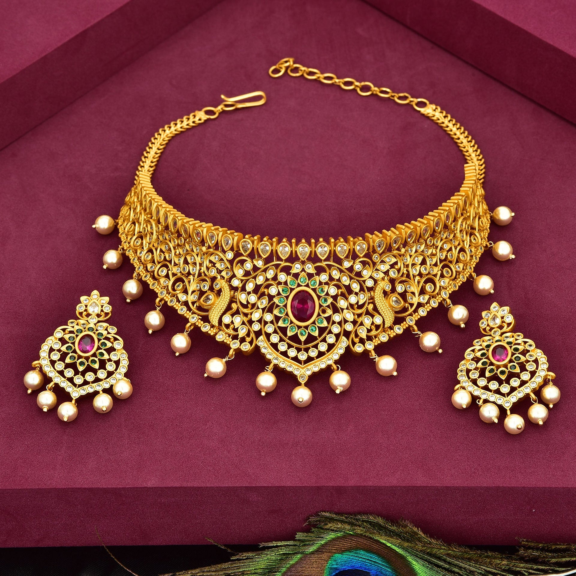 Zirconia  Gold peacock Design Choker Set