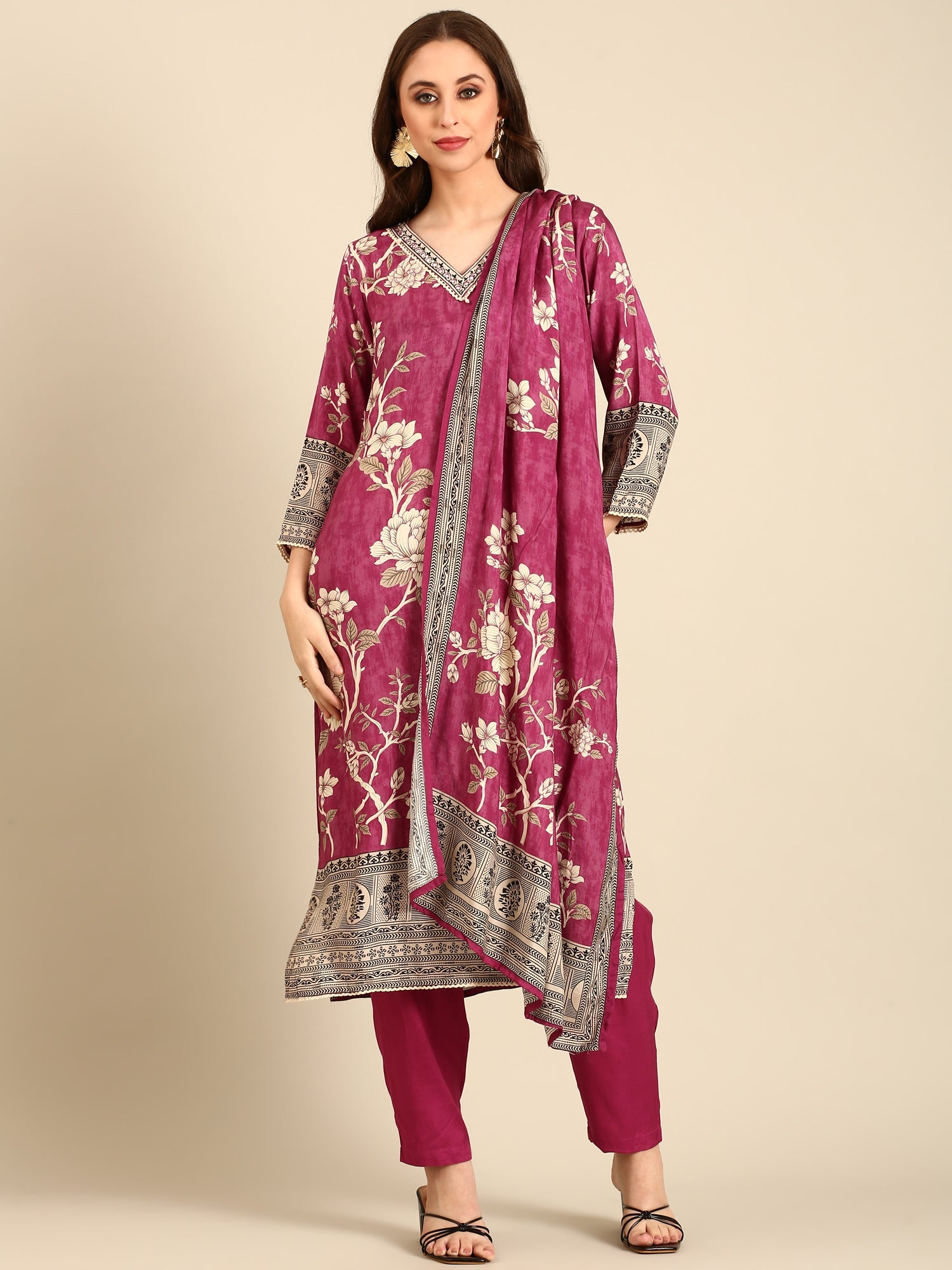 Magenta Muslin fabric three piece suit set
