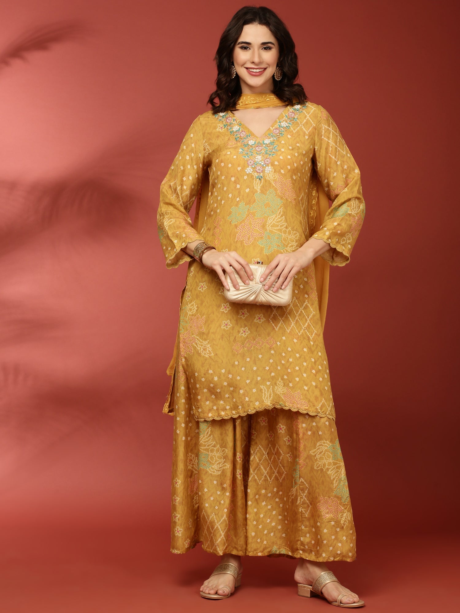 Mustard Crepe Printed Three Piece Set