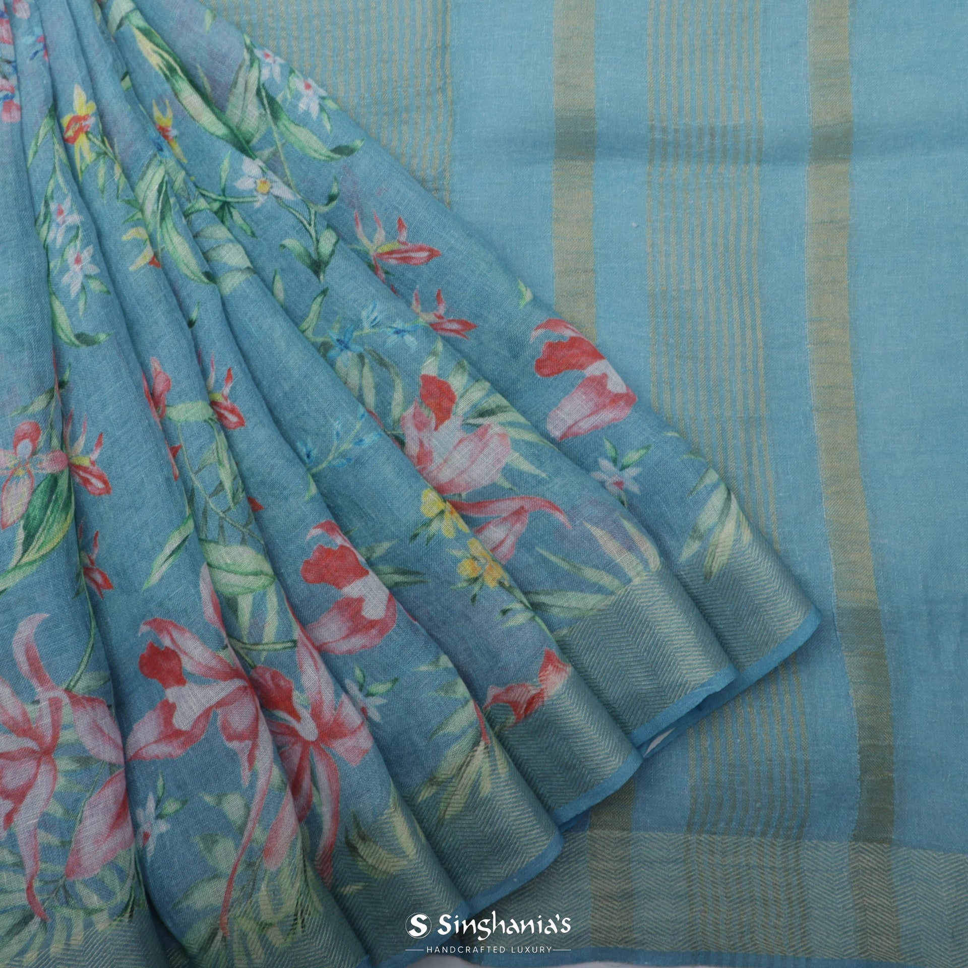 Uranian Blue Printed Linen Saree With Floral Jaal Design