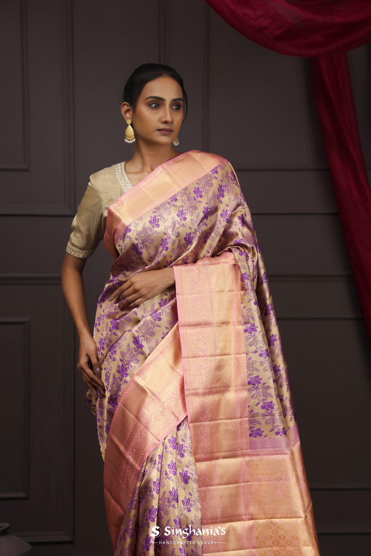 Golden Pink Tissue Kanjivaram Saree Peacock Design