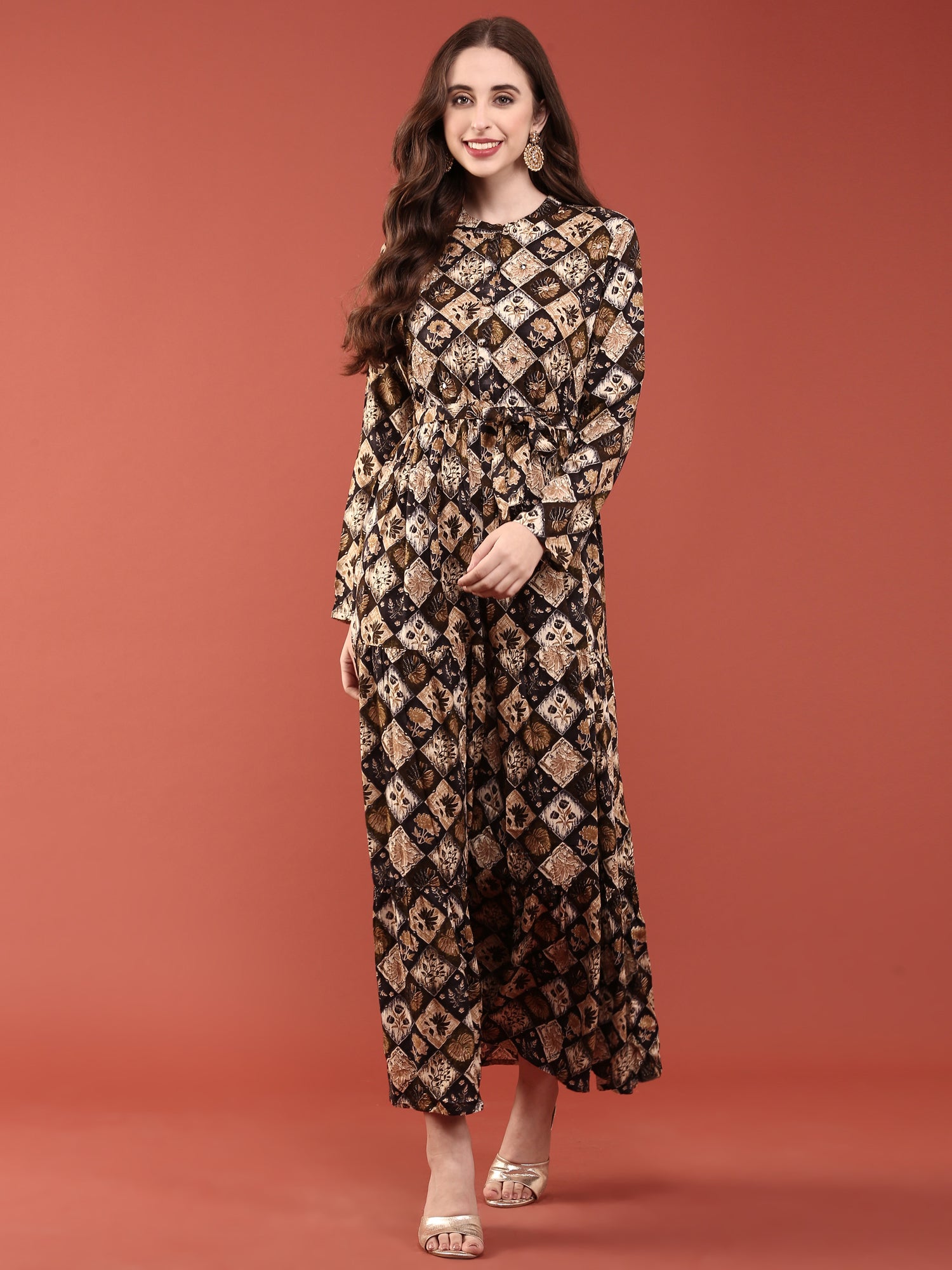 Black Rayon Printed Long Dress