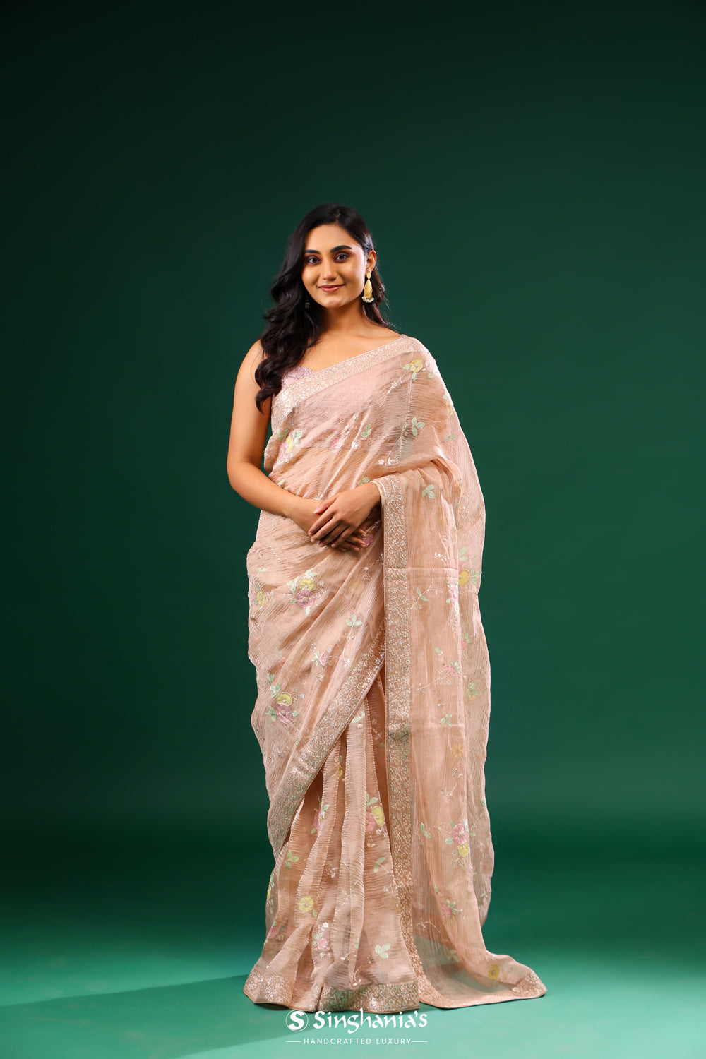 Cameo Peach Embroidered Crushed Tissue Designer Saree