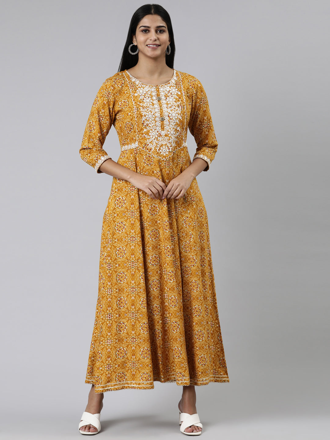 Neeru's Mustard Straight Printed Viscose Rayon Kurtas