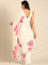 Cream satin saree with pink printed motifs with swarovski embroidery