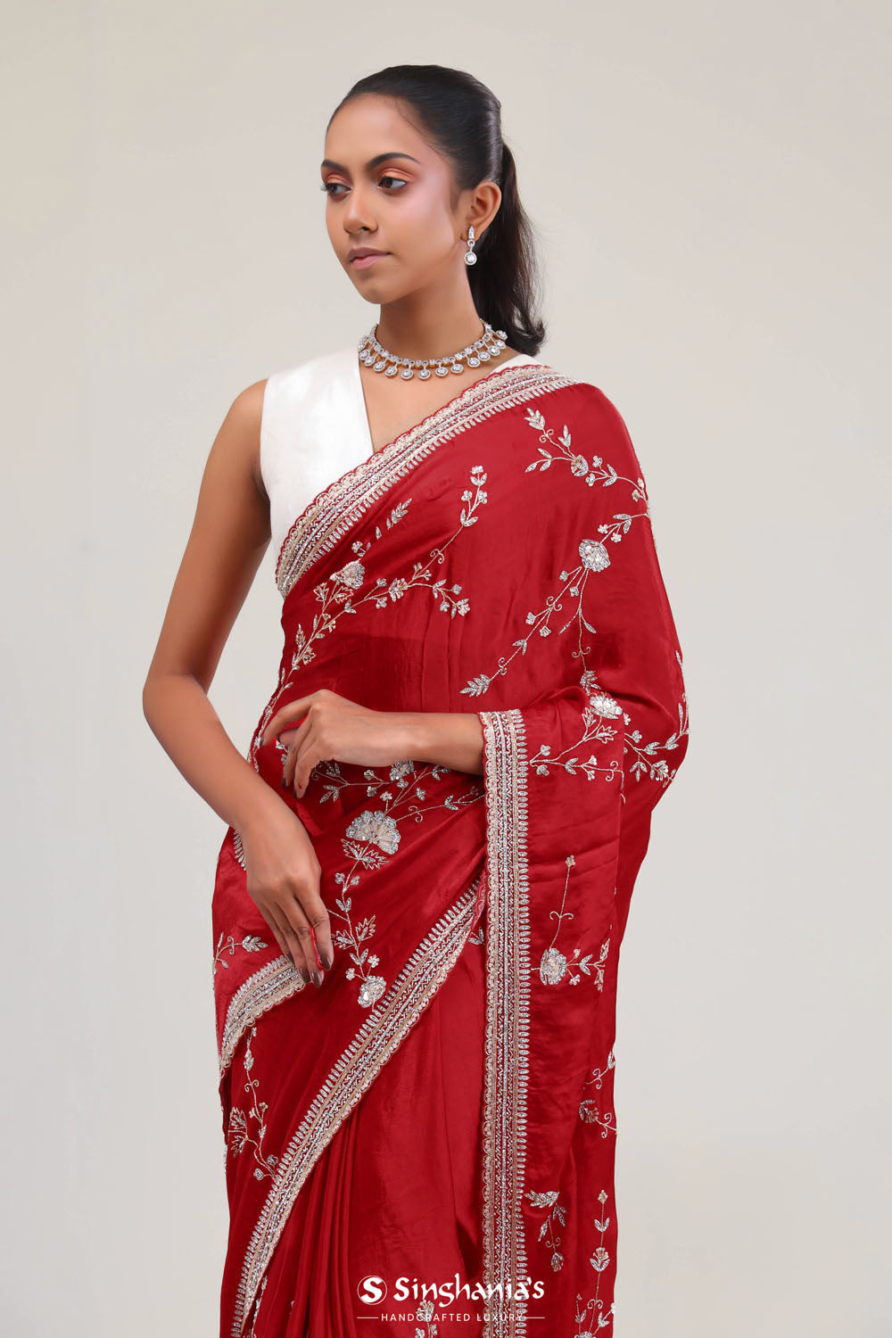 Deep Red Silk Crafted Saree