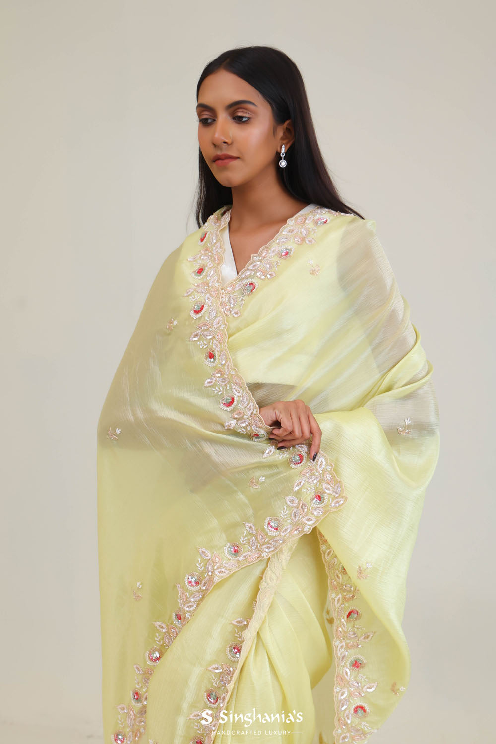 Lemon Yellow Crafted Tissue Saree