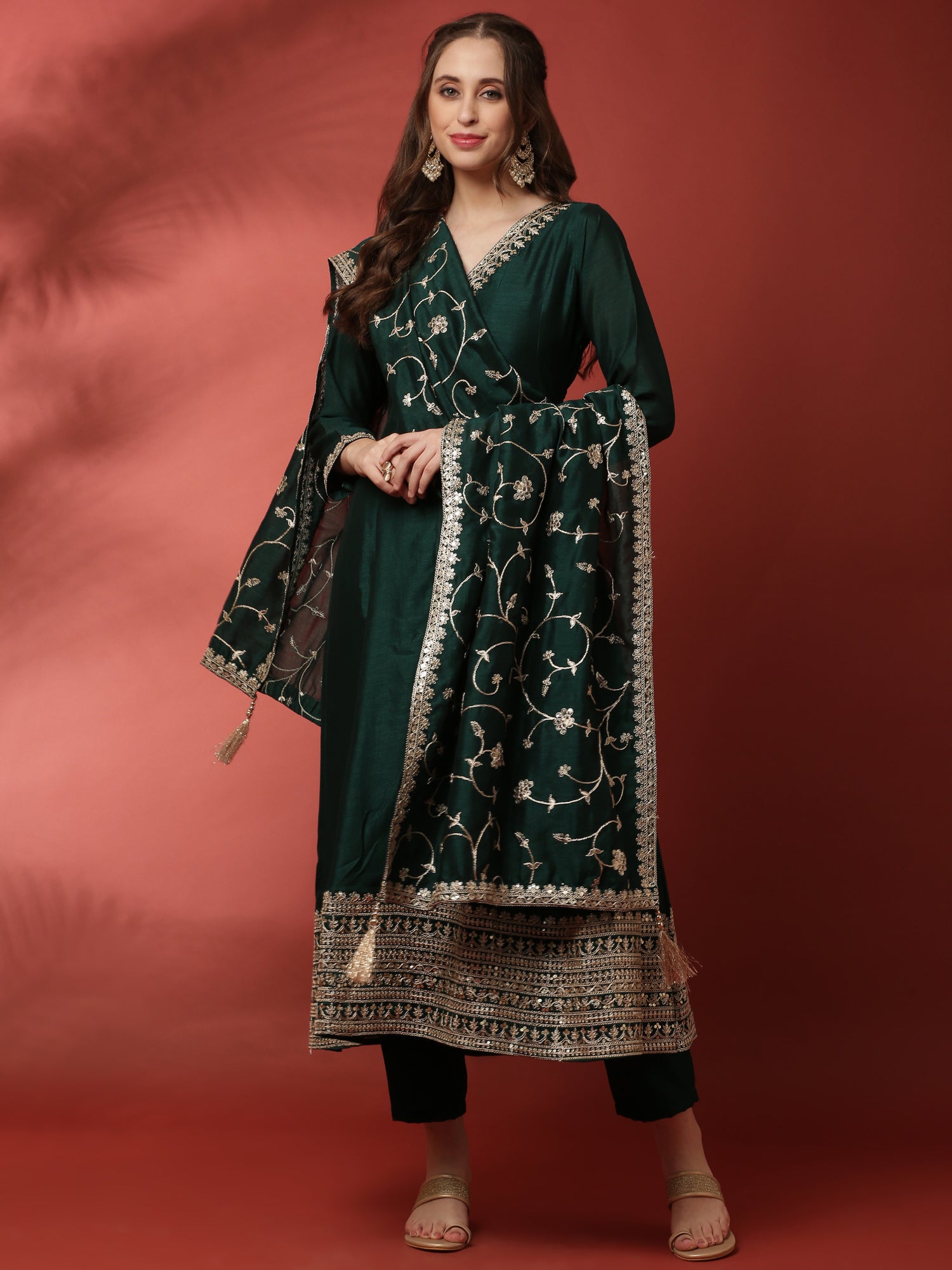 Bottle Green Vichitra Fabric Shoulder Kali With Embroiderey Duppata