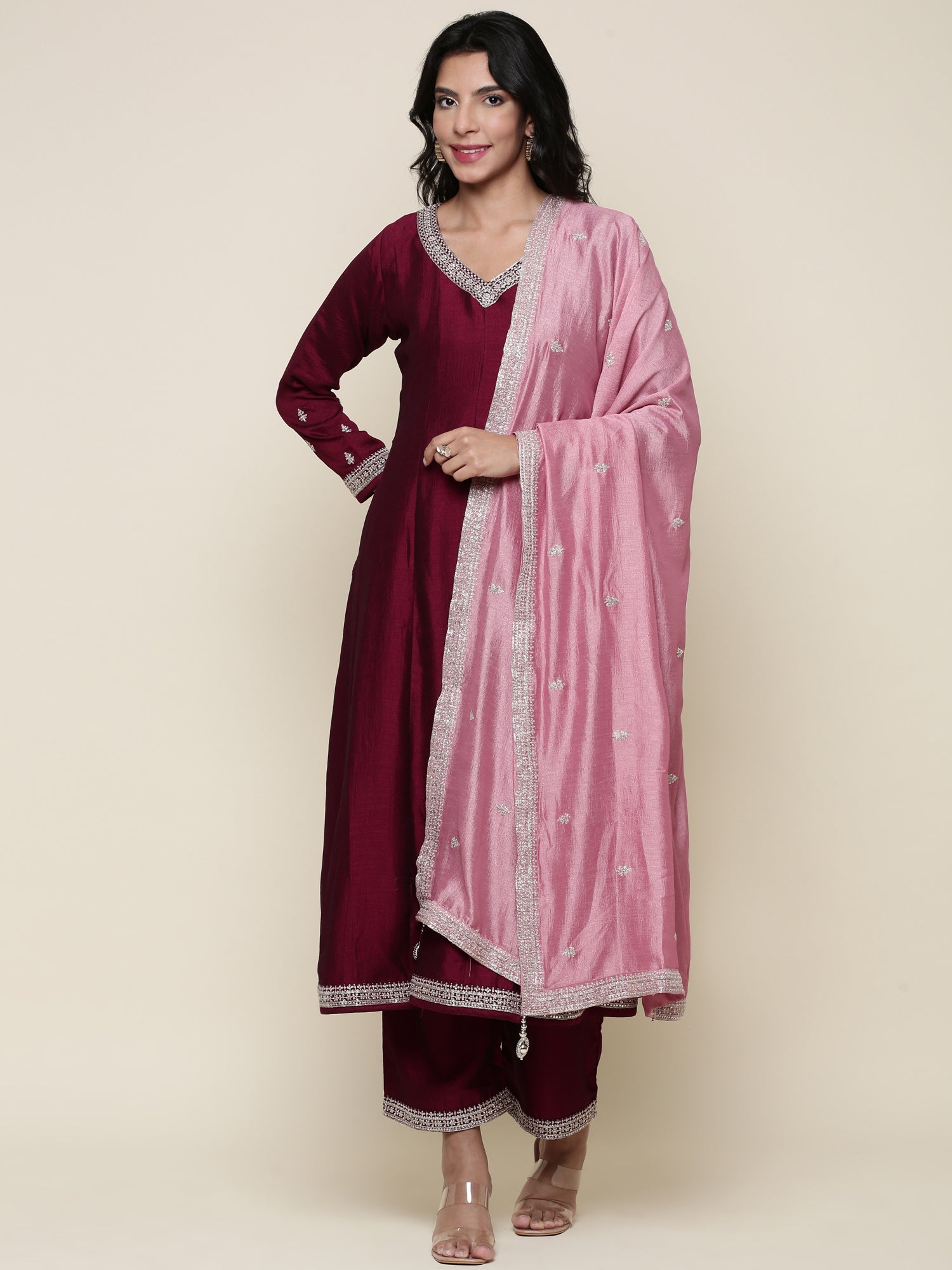 Magenta silk embroidered Three piece set with contrast dupatta