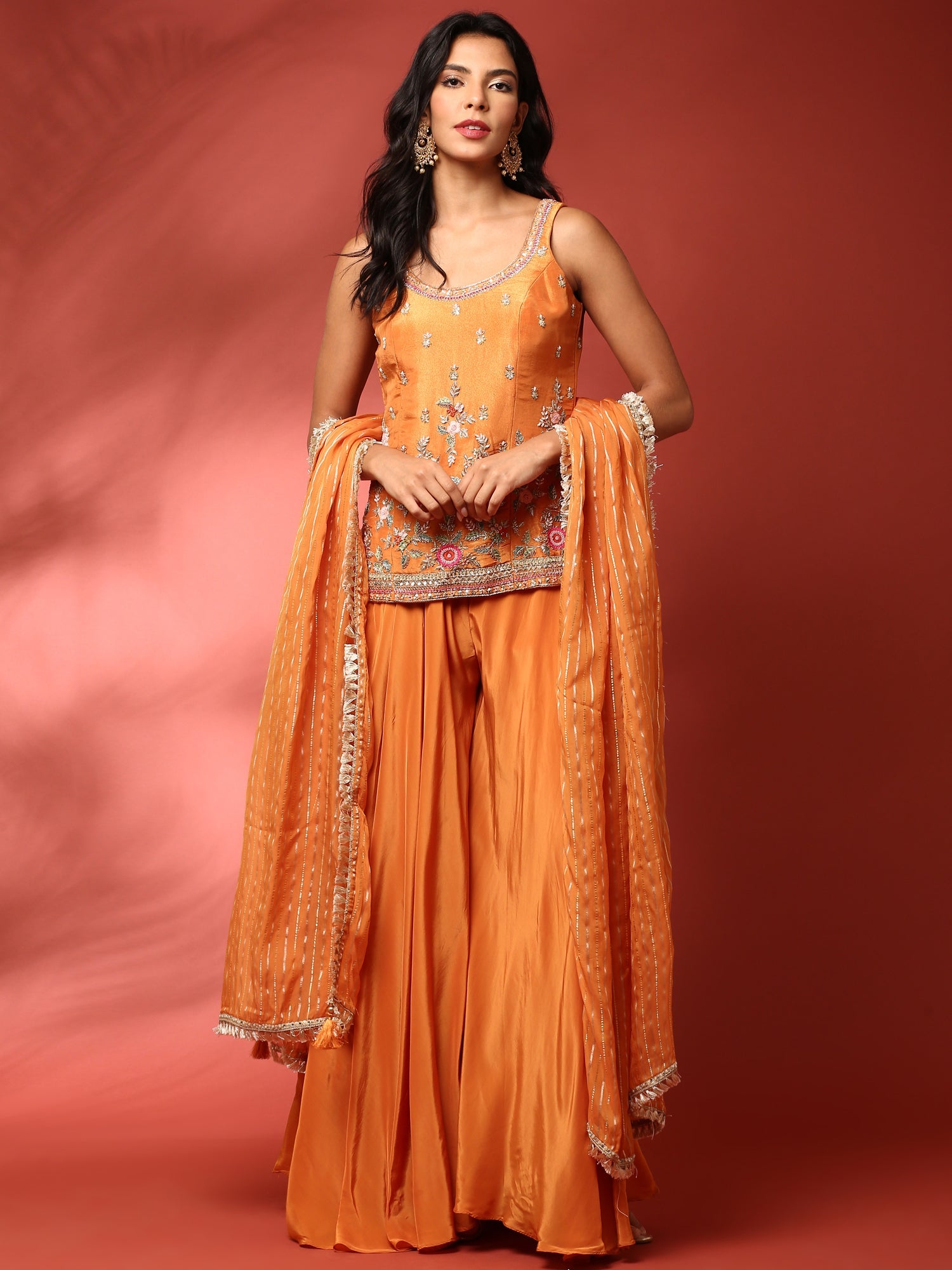 Burnt orange hand embroidered three piece palazzo set