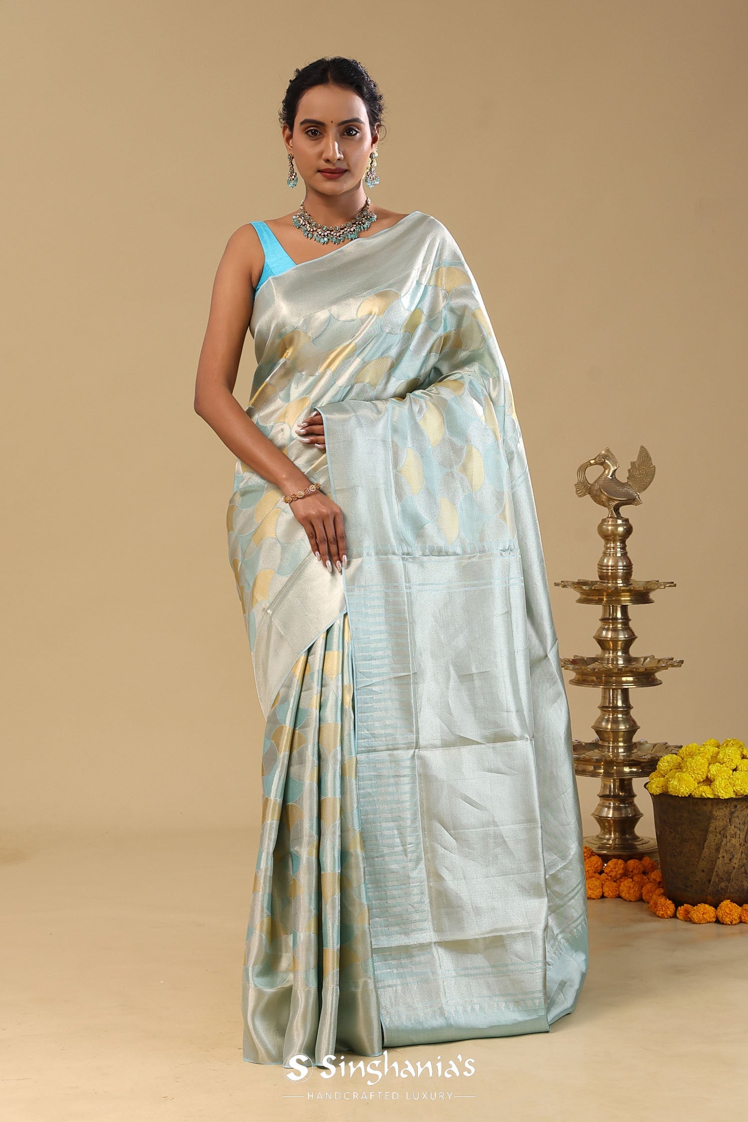 Blue Kanjivaram Tissue Saree With Silver Border