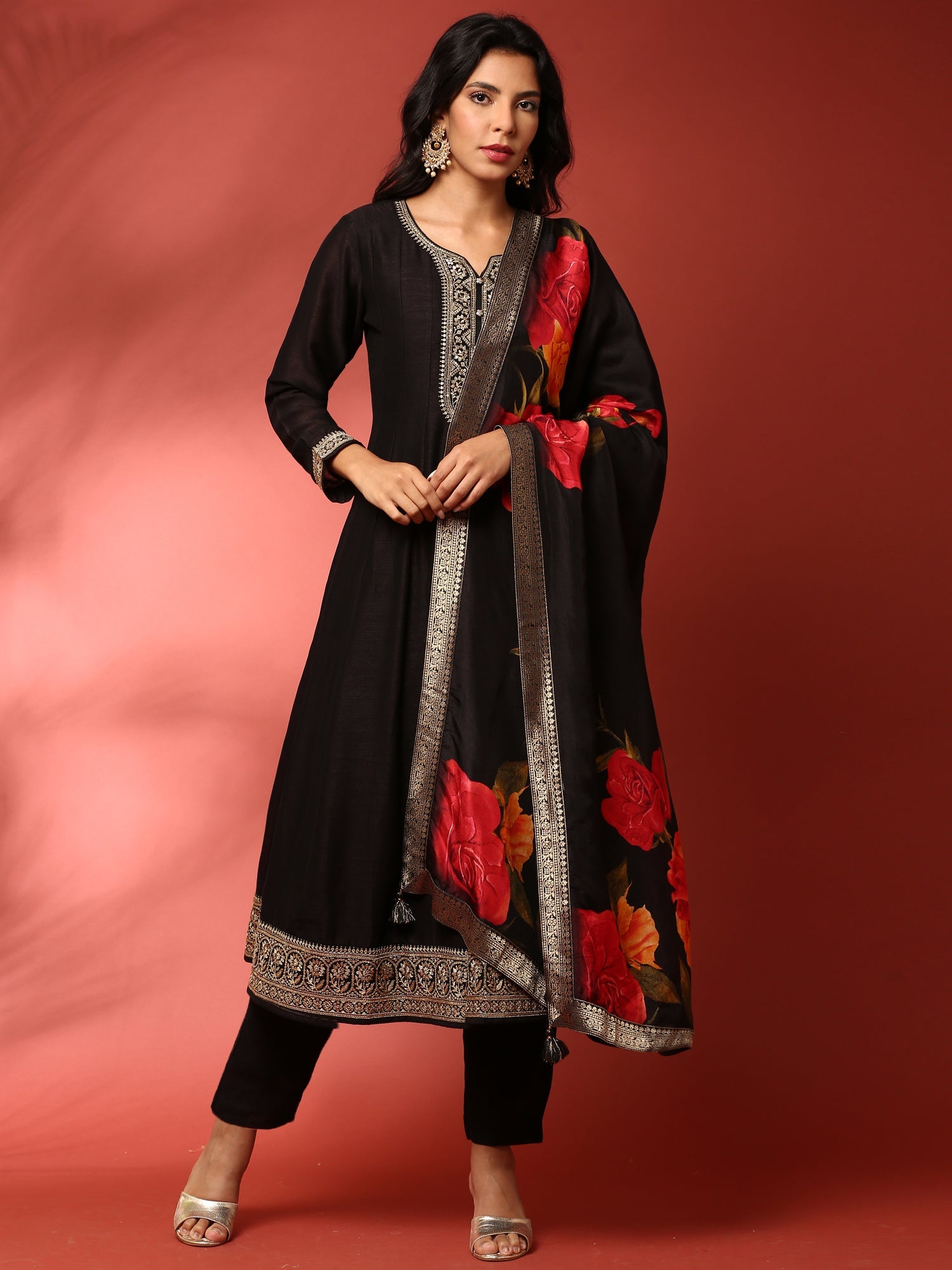 Black Vichitra silk aari embroidered 3 piece anarkali set