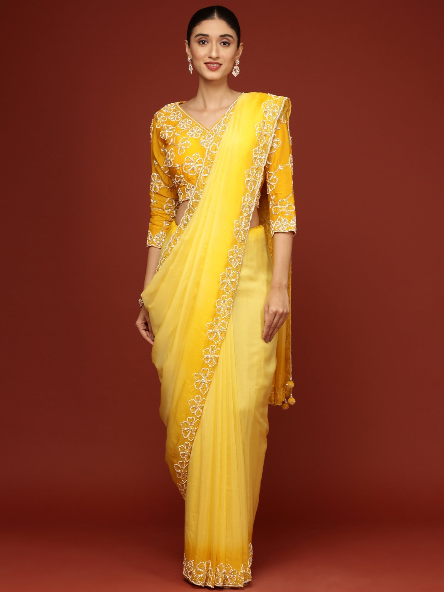 Lemon Silk Saree With Stone Work Readymade Blouse