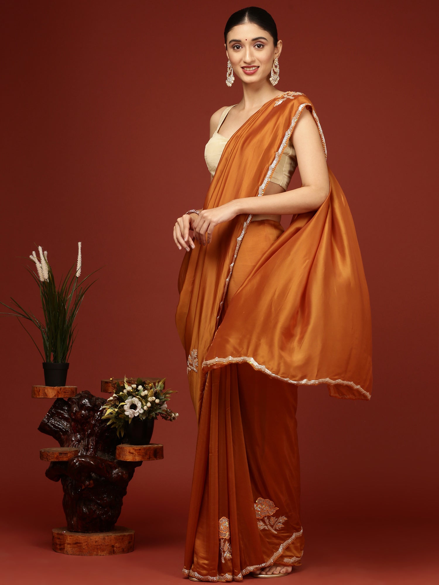 Mustard Crepe Hand Embroidery Saree