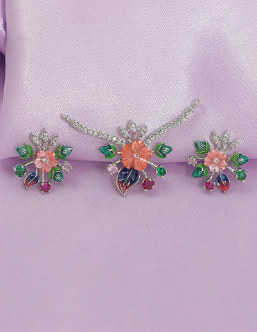 Designer Zirconia Rhodium Enchanted Blossom Pendant Set