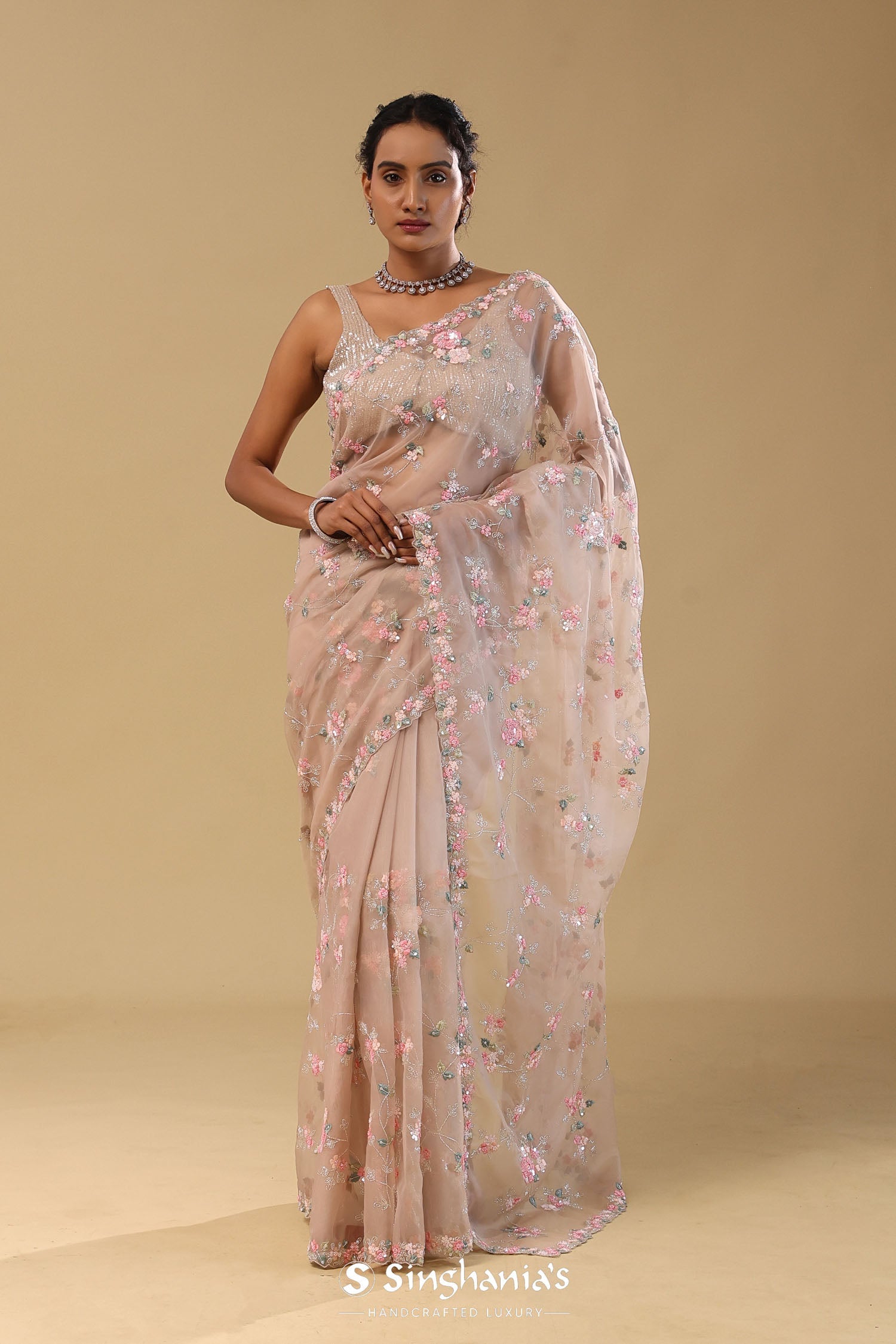 Almond Beige Organza Saree With Scallop Border