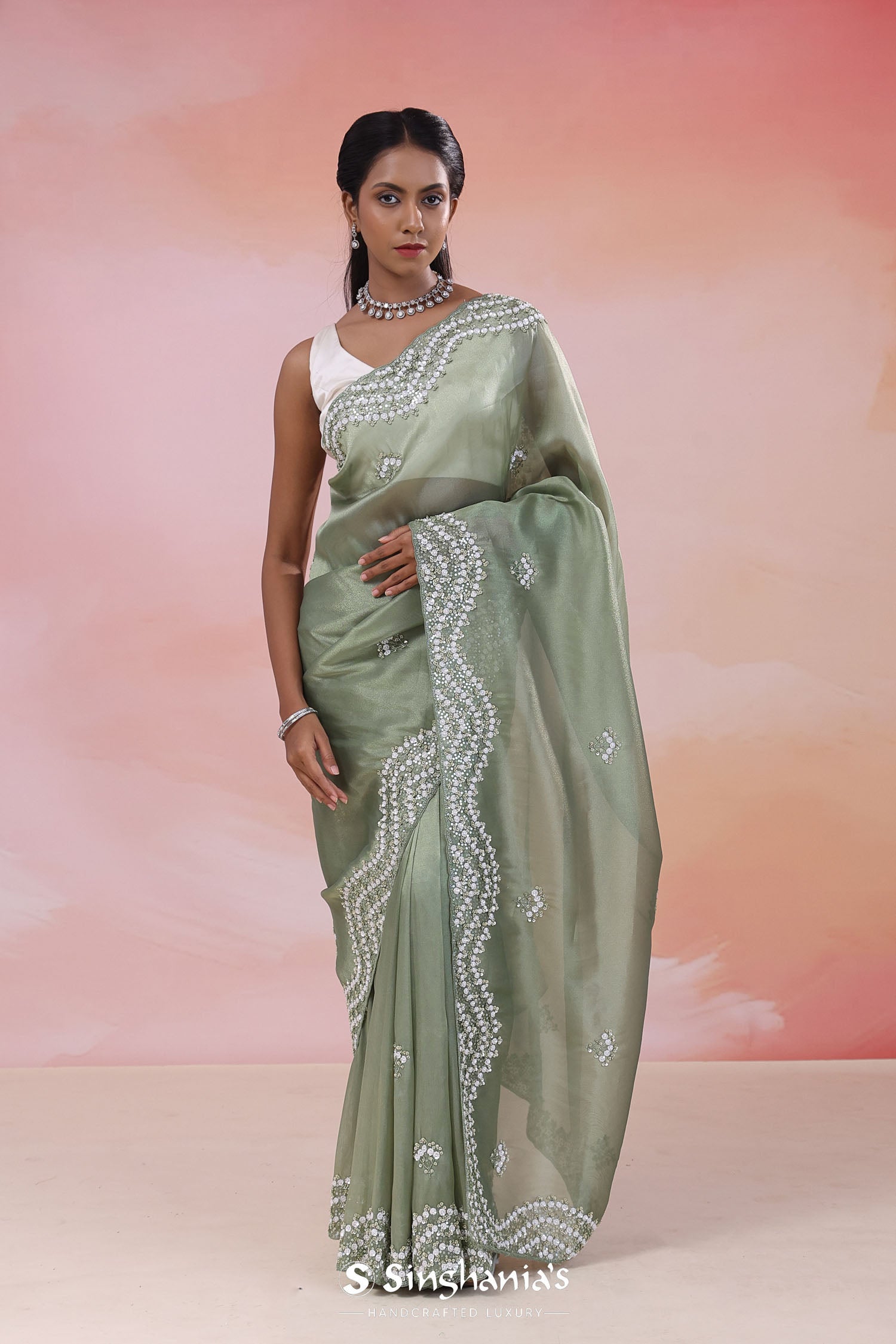 Antique Jade Organza Tissue Saree With Fancy Border