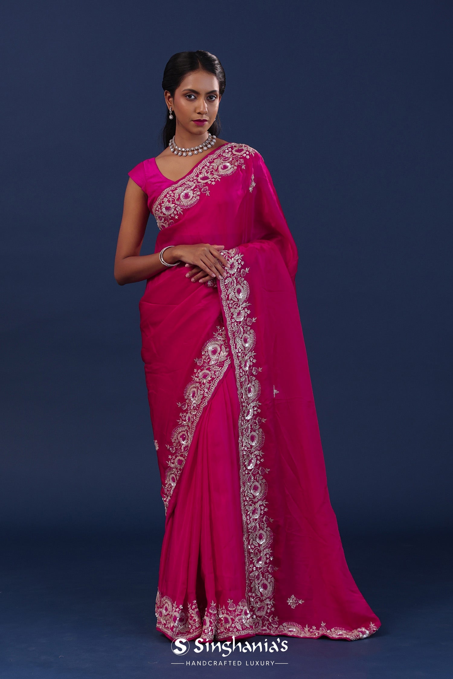 Bright Pink Satin Silk Saree With Cutdana Work