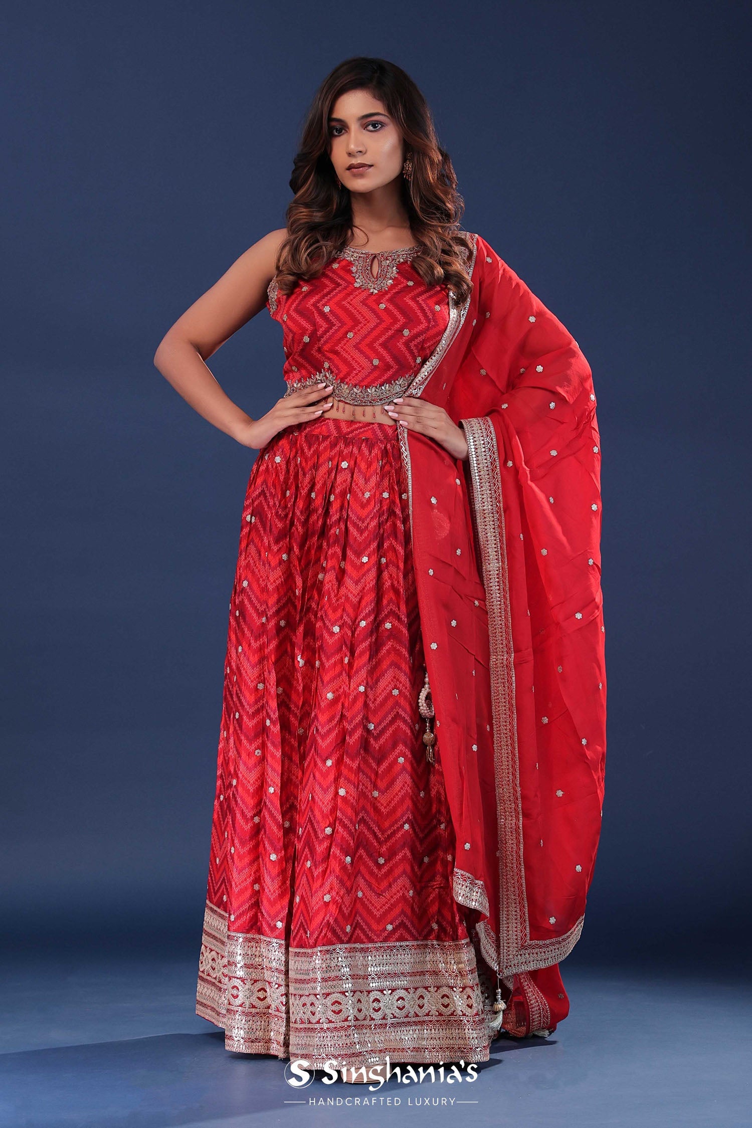 Cherry Red Ikat Silk Lehenga Set