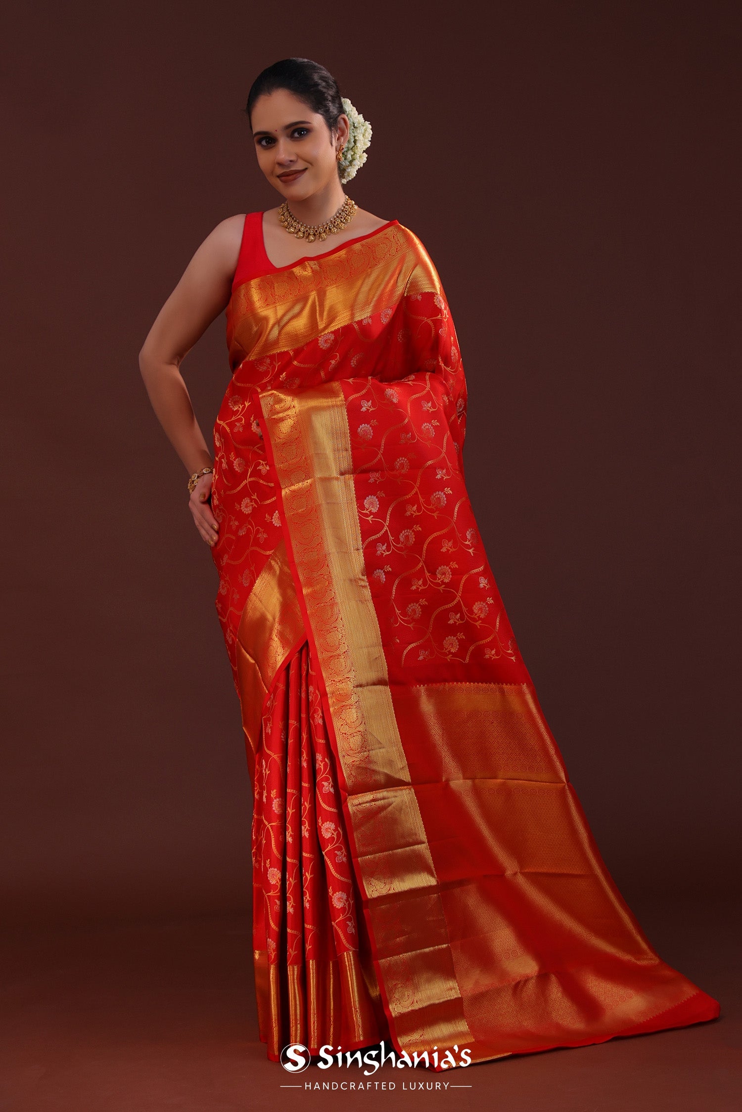 Bright Red Kanjivaram Silk Saree With Floral Jaal