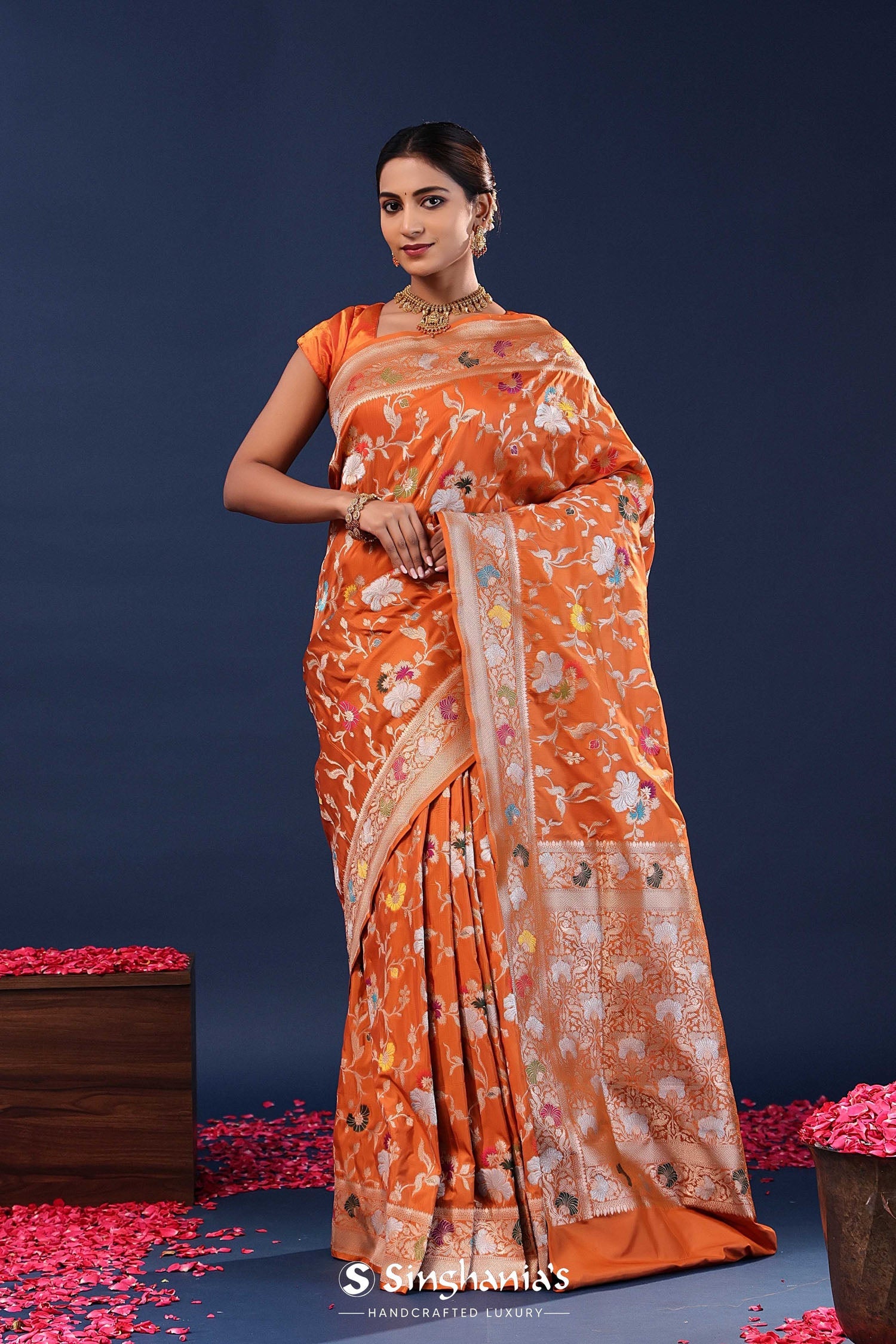 Burnt Orange Banarasi Saree With Meenakari Jaal