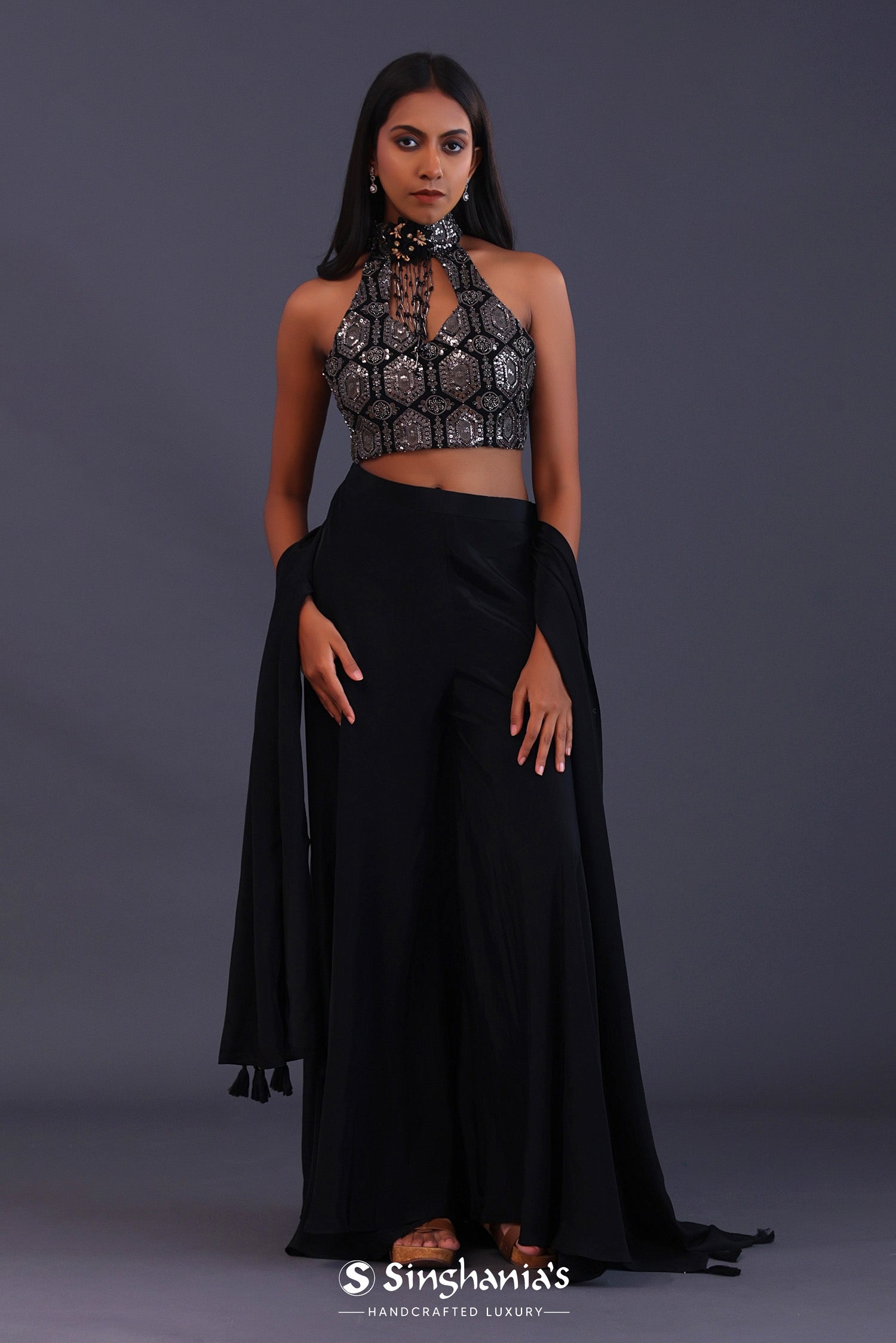 Black Crepe Silk And Georgette Indo Western Choli Set.