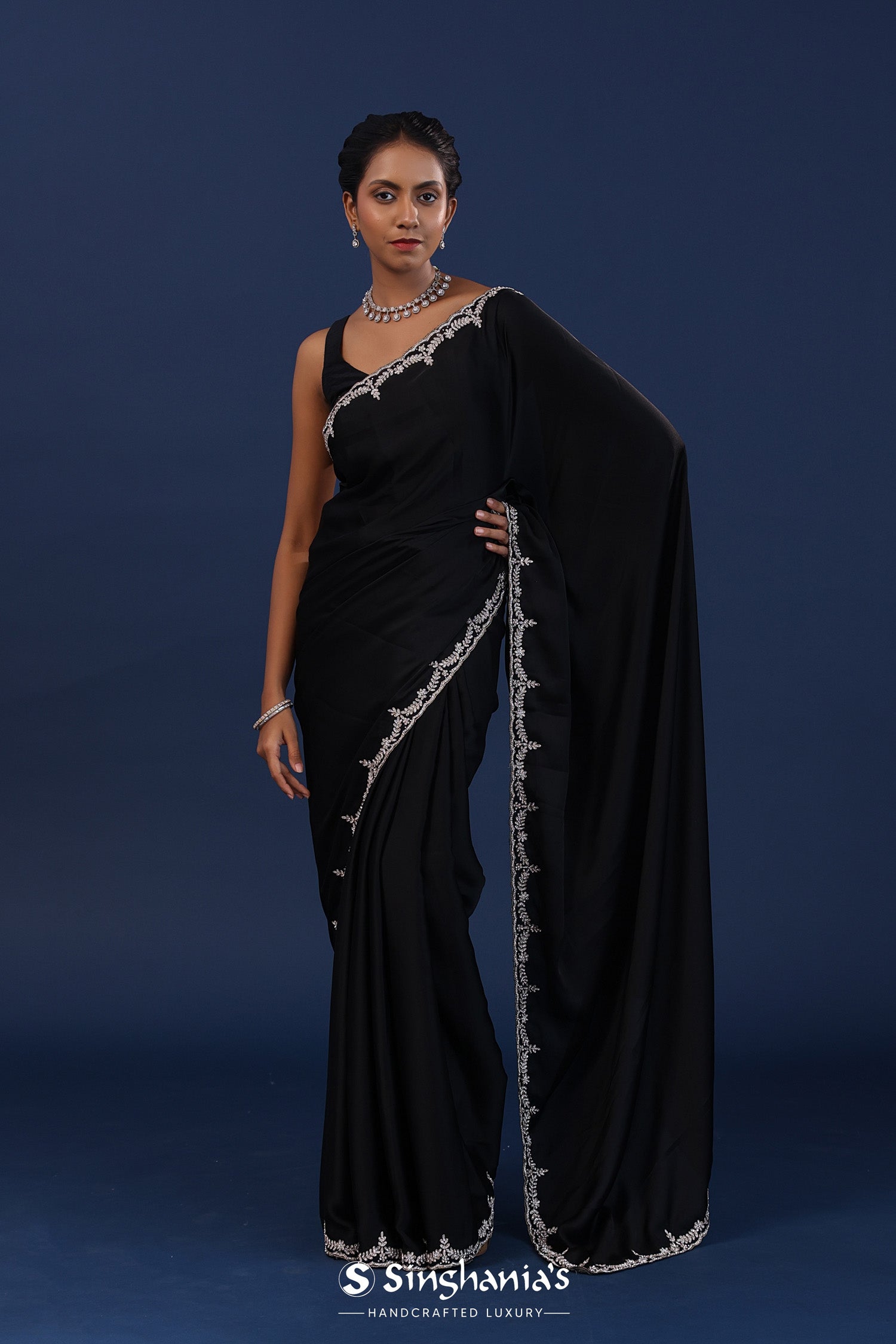 Black Solid Satin Saree