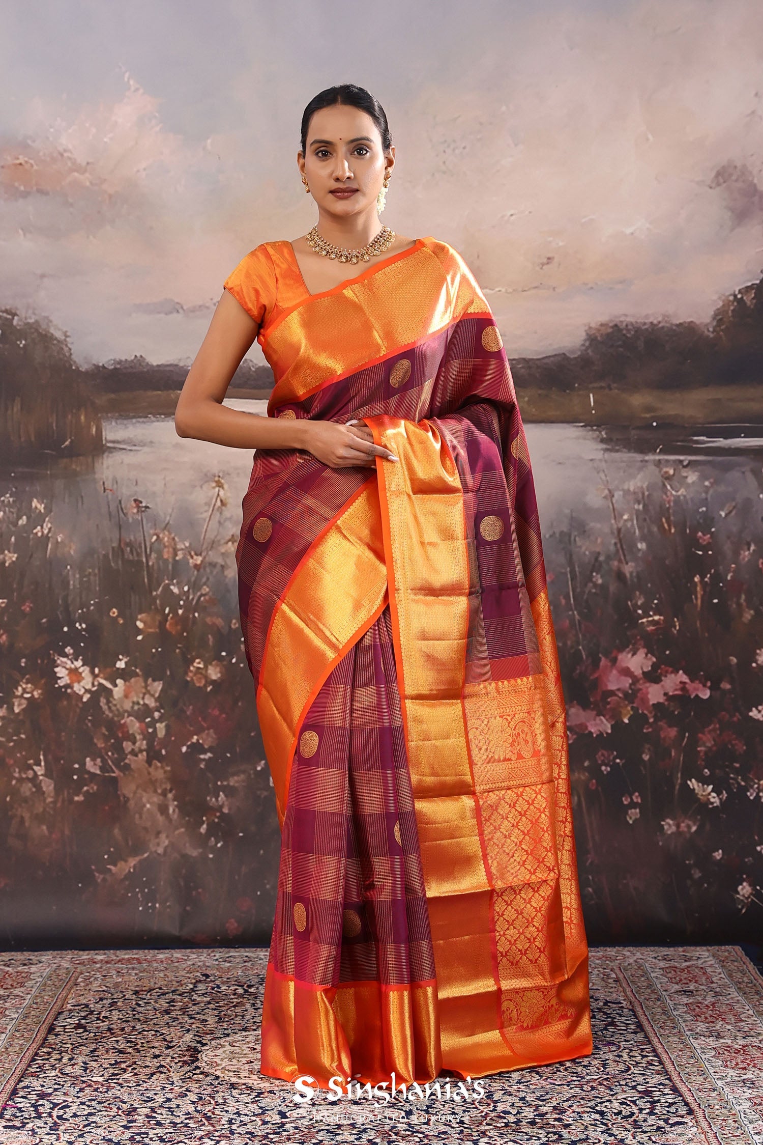 Dark Maroon Kanjivaram Silk Saree With Checks Pattern